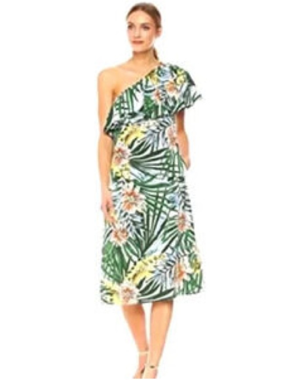 Lucca Couture One-Shoulder Tropical Floral Midi Dress in Green